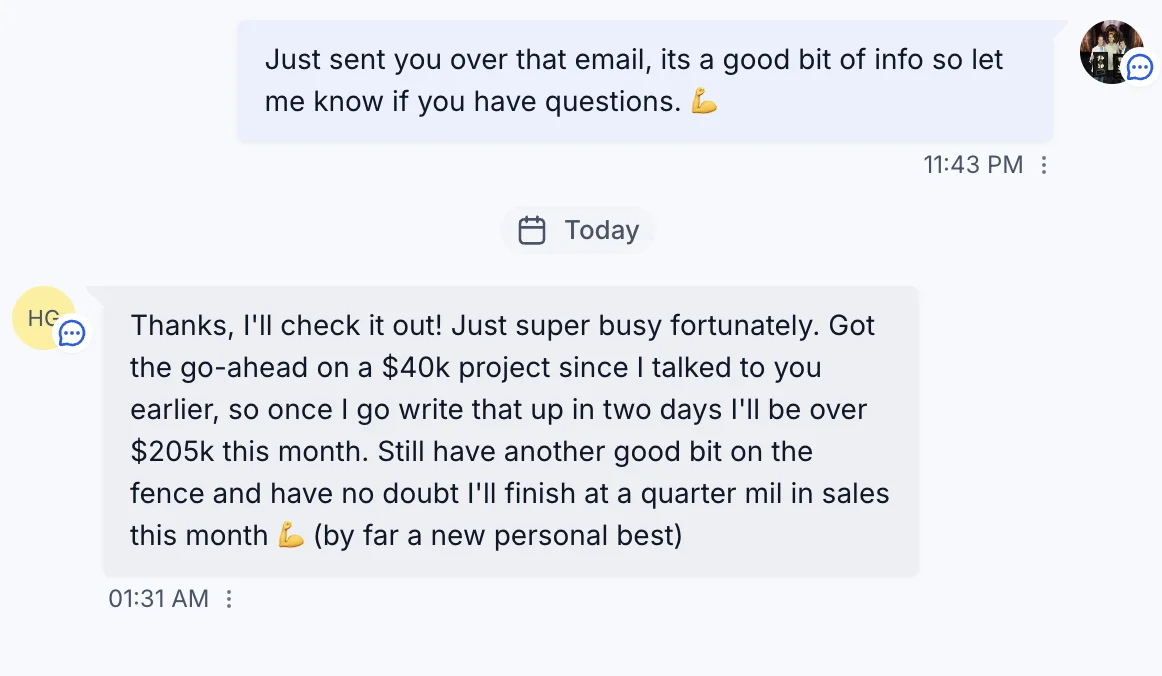 $205K month - new personal best - text from client